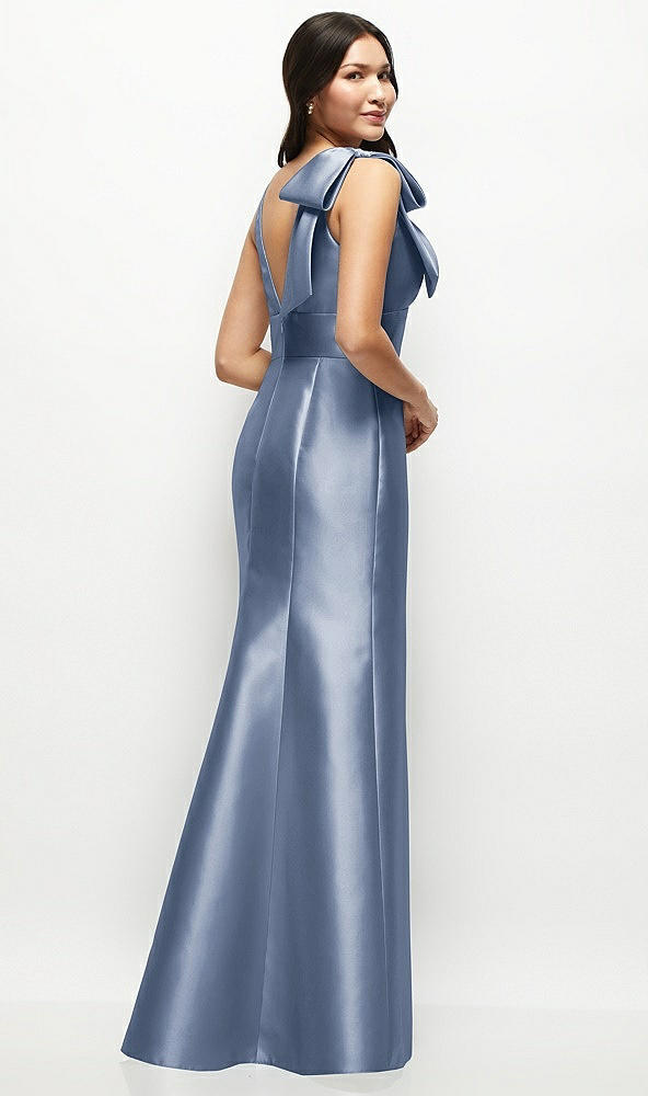 Back View - Larkspur Blue Deep V-back Satin Trumpet Dress with Cascading Bow at One Shoulder