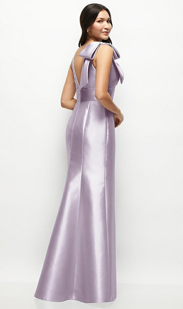 Back View - Lilac Haze Deep V-back Satin Trumpet Dress with Cascading Bow at One Shoulder