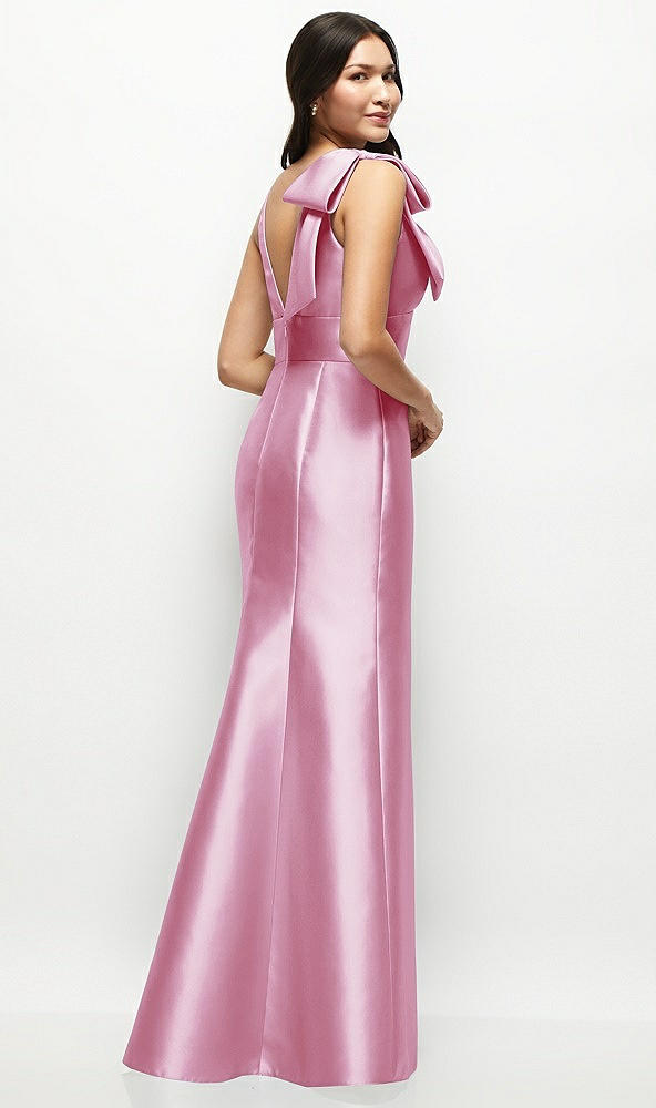 Back View - Powder Pink Deep V-back Satin Trumpet Dress with Cascading Bow at One Shoulder