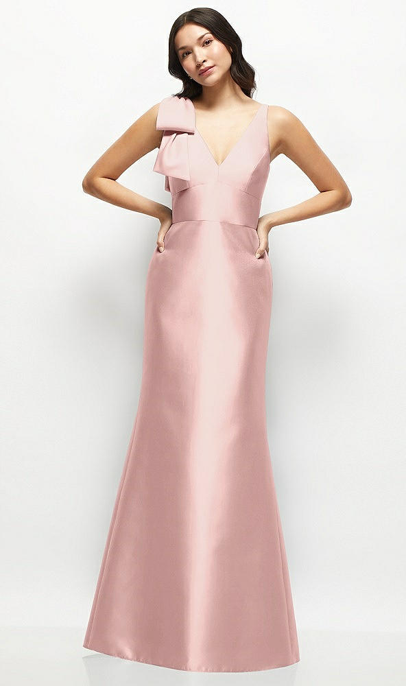 Front View - Rose - PANTONE Rose Quartz Deep V-back Satin Trumpet Dress with Cascading Bow at One Shoulder