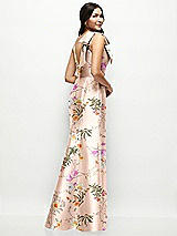 Rear View Thumbnail - Butterfly Botanica Pink Sand Deep V-back Floral Satin Trumpet Dress with One-Shoulder Cascading Bow