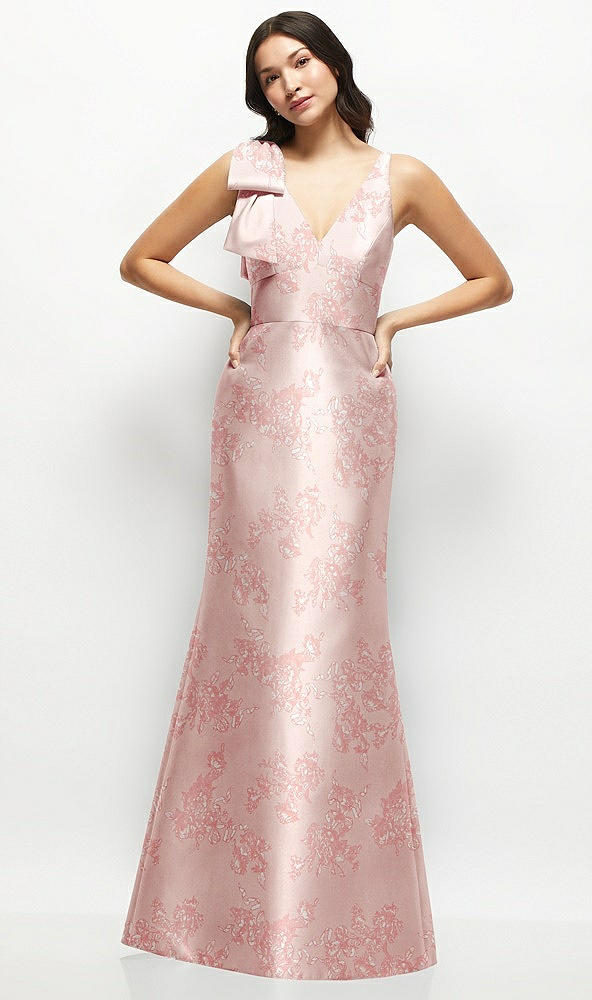 Front View - Bow And Blossom Print Deep V-back Floral Satin Trumpet Dress with One-Shoulder Cascading Bow