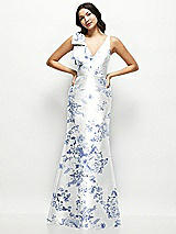 Front View Thumbnail - Cottage Rose Larkspur Deep V-back Floral Satin Trumpet Dress with One-Shoulder Cascading Bow