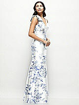 Side View Thumbnail - Cottage Rose Larkspur Deep V-back Floral Satin Trumpet Dress with One-Shoulder Cascading Bow