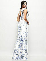 Rear View Thumbnail - Cottage Rose Larkspur Deep V-back Floral Satin Trumpet Dress with One-Shoulder Cascading Bow