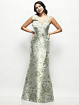 Front View Thumbnail - Sage Cottage Rose Deep V-back Floral Satin Trumpet Dress with One-Shoulder Cascading Bow