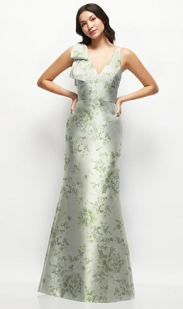 Front View - Sage Cottage Rose Deep V-back Floral Satin Trumpet Dress with One-Shoulder Cascading Bow