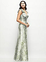 Side View Thumbnail - Sage Cottage Rose Deep V-back Floral Satin Trumpet Dress with One-Shoulder Cascading Bow