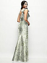 Rear View Thumbnail - Sage Cottage Rose Deep V-back Floral Satin Trumpet Dress with One-Shoulder Cascading Bow