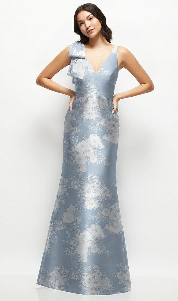 Front View - Porcelain Blue Seraphina Floral Deep V-back Floral Satin Trumpet Dress with One-Shoulder Cascading Bow