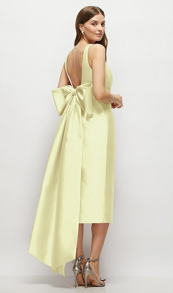 Back View - Butter Yellow Scoop Neck Corset Satin Midi Dress with Floor-Length Bow Tails