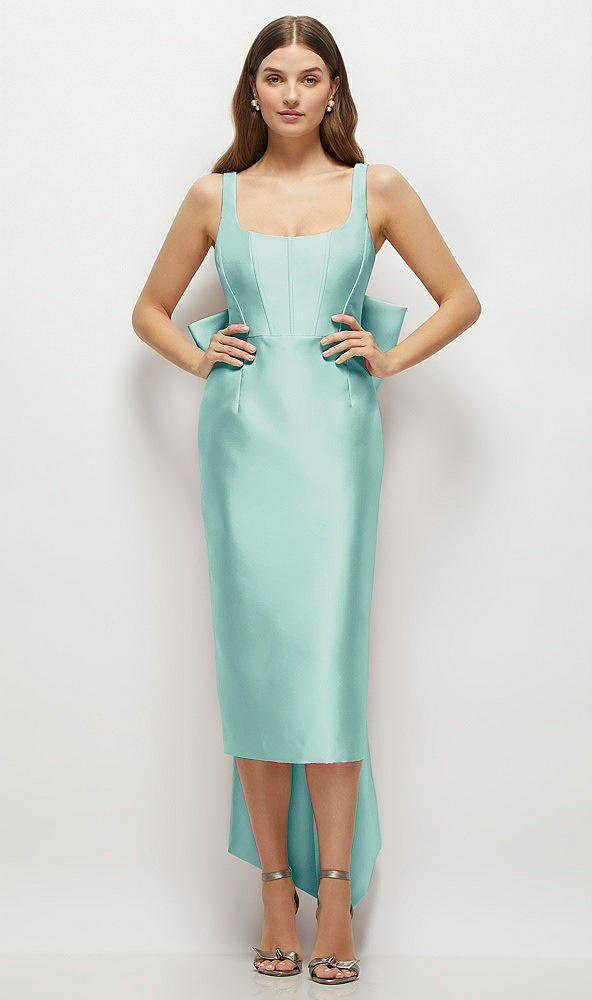 Front View - Coastal Scoop Neck Corset Satin Midi Dress with Floor-Length Bow Tails