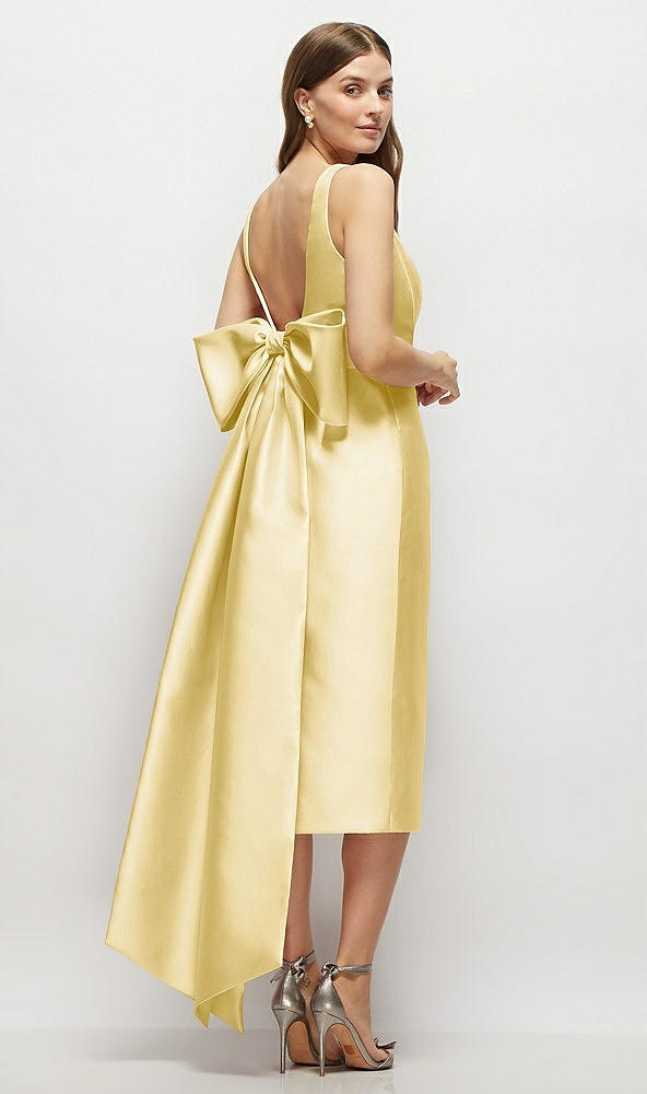 Back View - Maize Scoop Neck Corset Satin Midi Dress with Floor-Length Bow Tails