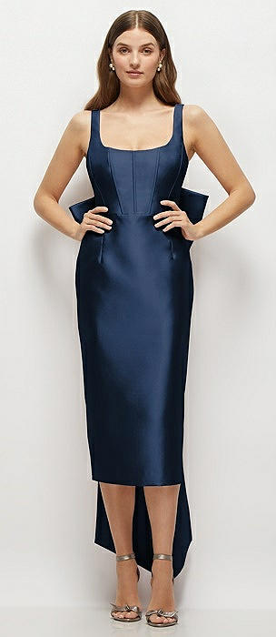 Scoop Neck Corset Satin Midi Dress with Floor-Length Bow Tails