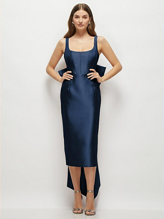 Scoop Neck Corset Satin Midi Dress with Floor-Length Bow Tails