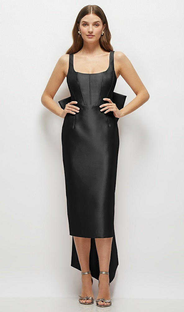 Front View - Black Scoop Neck Corset Satin Midi Dress with Floor-Length Bow Tails