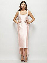 Front View Thumbnail - Blush Scoop Neck Corset Satin Midi Dress with Floor-Length Bow Tails