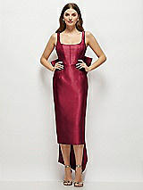 Front View Thumbnail - Burgundy Scoop Neck Corset Satin Midi Dress with Floor-Length Bow Tails