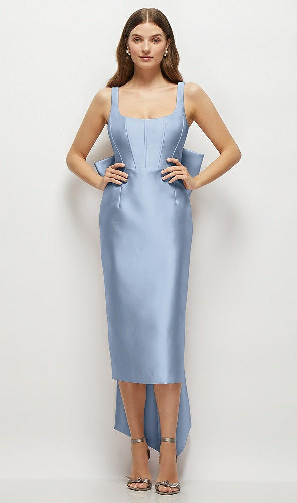 Front View - Cloudy Scoop Neck Corset Satin Midi Dress with Floor-Length Bow Tails