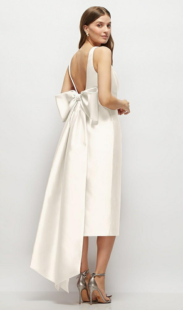 Back View - Ivory Scoop Neck Corset Satin Midi Dress with Floor-Length Bow Tails