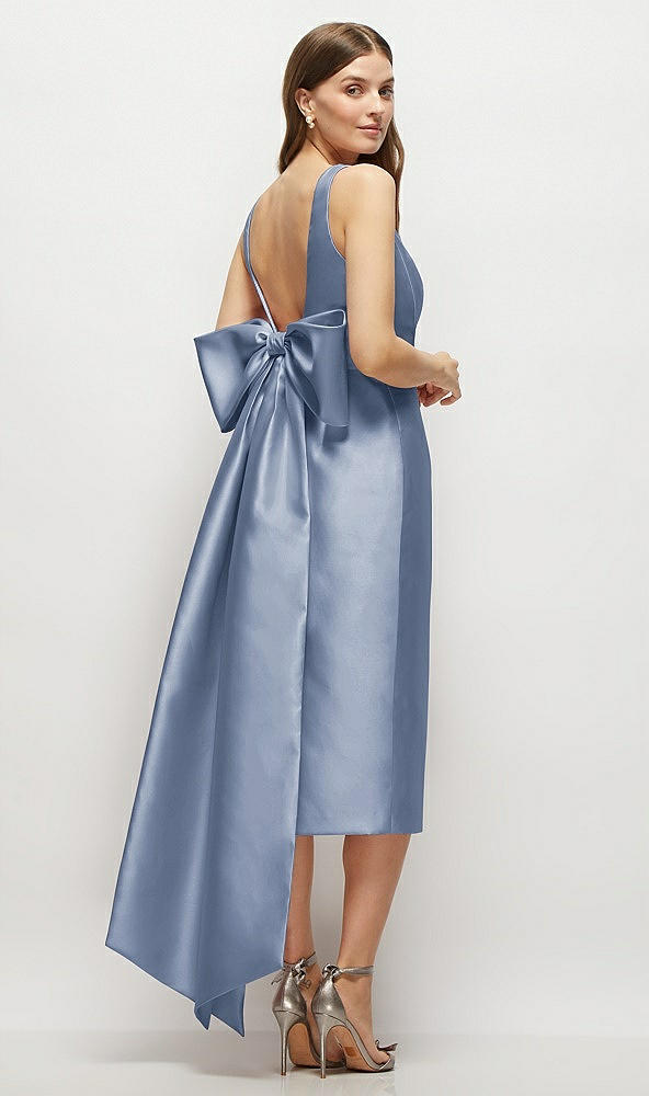 Back View - Larkspur Blue Scoop Neck Corset Satin Midi Dress with Floor-Length Bow Tails