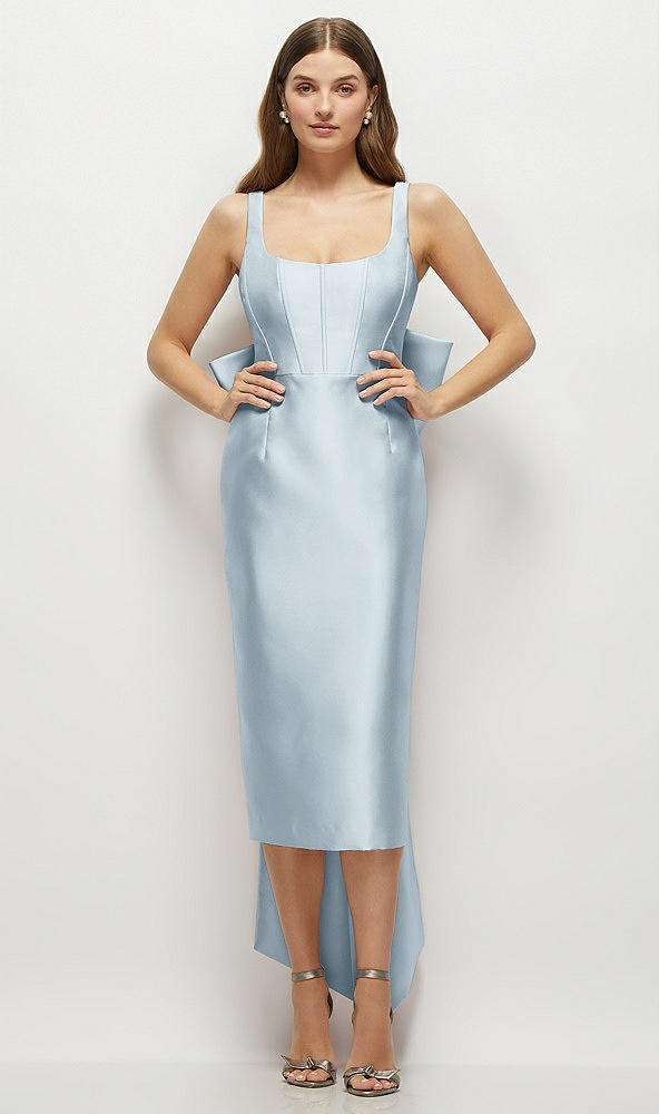 Front View - Mist Scoop Neck Corset Satin Midi Dress with Floor-Length Bow Tails