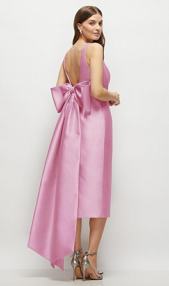 Back View - Powder Pink Scoop Neck Corset Satin Midi Dress with Floor-Length Bow Tails