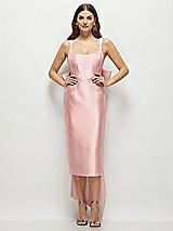 Front View Thumbnail - Rose - PANTONE Rose Quartz Scoop Neck Corset Satin Midi Dress with Floor-Length Bow Tails