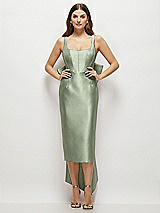 Front View Thumbnail - Sage Scoop Neck Corset Satin Midi Dress with Floor-Length Bow Tails