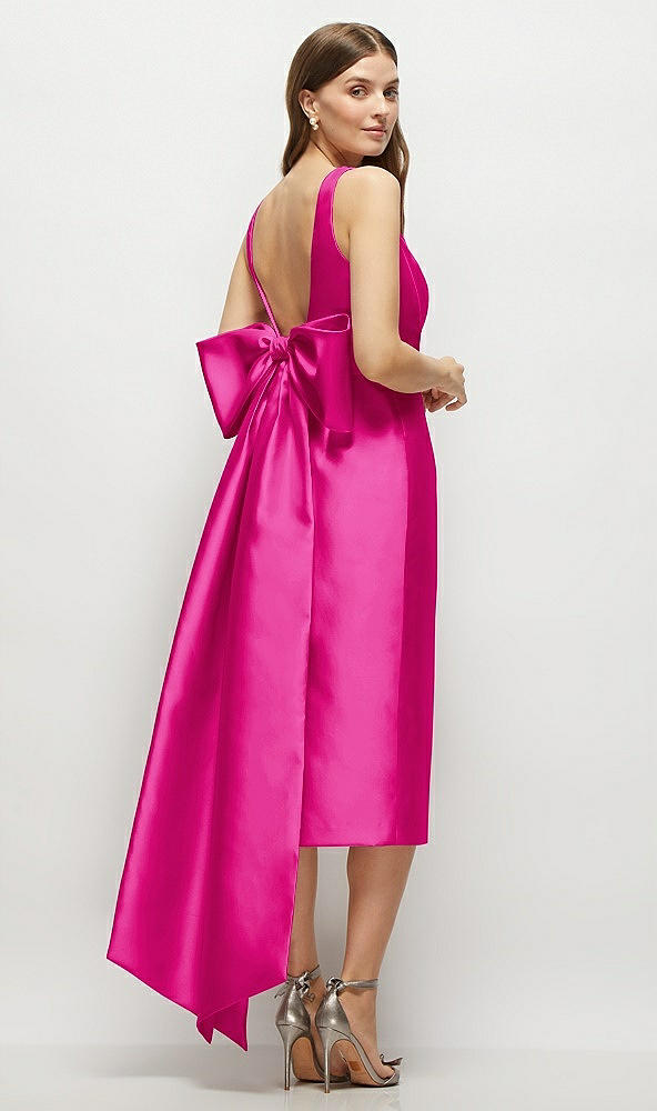 Back View - Think Pink Scoop Neck Corset Satin Midi Dress with Floor-Length Bow Tails