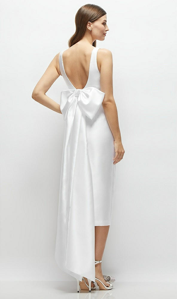 Back View - White Scoop Neck Corset Satin Midi Dress with Floor-Length Bow Tails