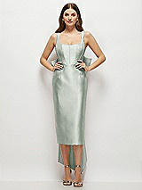 Front View Thumbnail - Willow Green Scoop Neck Corset Satin Midi Dress with Floor-Length Bow Tails