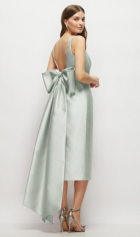 Back View - Willow Green Scoop Neck Corset Satin Midi Dress with Floor-Length Bow Tails