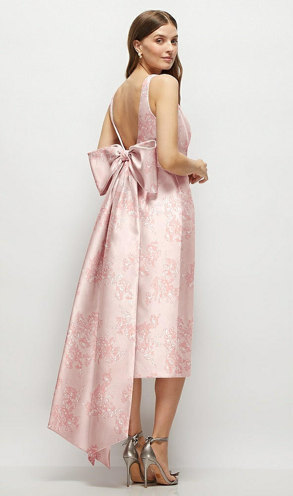 Back View - Bow And Blossom Print Floral Scoop Neck Corset Satin Midi Dress with Floor-Length Bow Tails