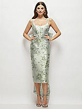 Front View Thumbnail - Sage Cottage Rose Floral Scoop Neck Corset Satin Midi Dress with Floor-Length Bow Tails