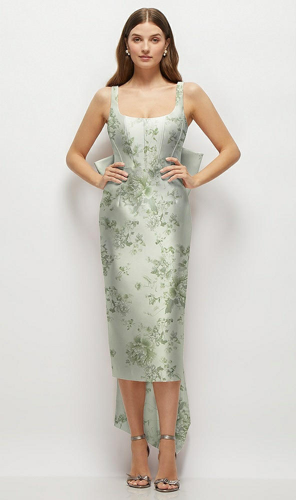 Front View - Sage Cottage Rose Floral Scoop Neck Corset Satin Midi Dress with Floor-Length Bow Tails