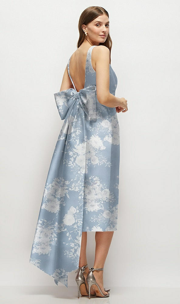 Back View - Porcelain Blue Seraphina Floral Floral Scoop Neck Corset Satin Midi Dress with Floor-Length Bow Tails