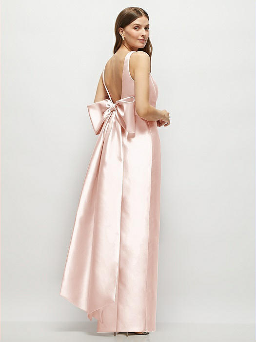 Scoop Neck Corset Satin Maxi Dress with Floor-Length Bow Tails