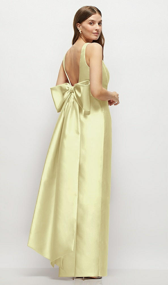 Front View - Butter Yellow Scoop Neck Corset Satin Maxi Dress with Floor-Length Bow Tails