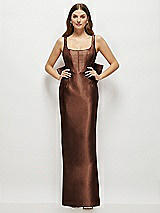 Rear View Thumbnail - Cognac Scoop Neck Corset Satin Maxi Dress with Floor-Length Bow Tails