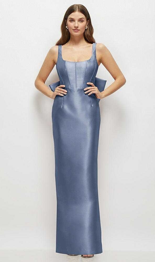 Back View - Larkspur Blue Scoop Neck Corset Satin Maxi Dress with Floor-Length Bow Tails