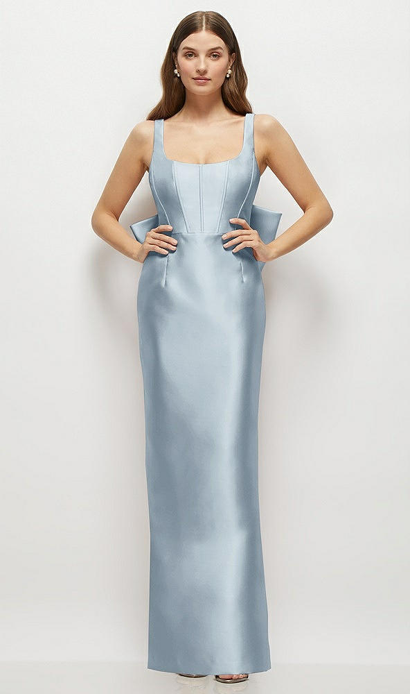 Back View - Mist Scoop Neck Corset Satin Maxi Dress with Floor-Length Bow Tails