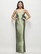 Rear View Thumbnail - Sage Scoop Neck Corset Satin Maxi Dress with Floor-Length Bow Tails