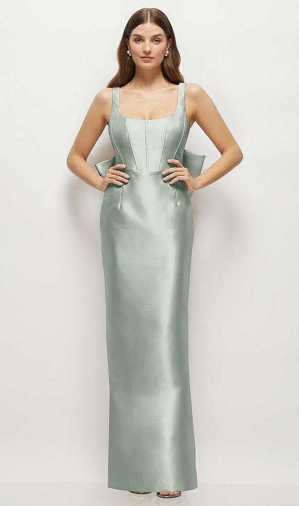 Back View - Willow Green Scoop Neck Corset Satin Maxi Dress with Floor-Length Bow Tails