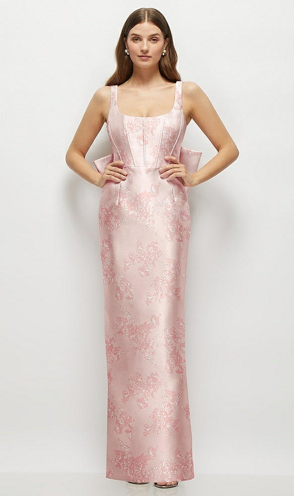 Front View - Bow And Blossom Print Floral Scoop Neck Corset Satin Maxi Dress with Floor-Length Bow Tails