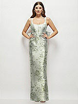 Front View Thumbnail - Sage Cottage Rose Floral Scoop Neck Corset Satin Maxi Dress with Floor-Length Bow Tails