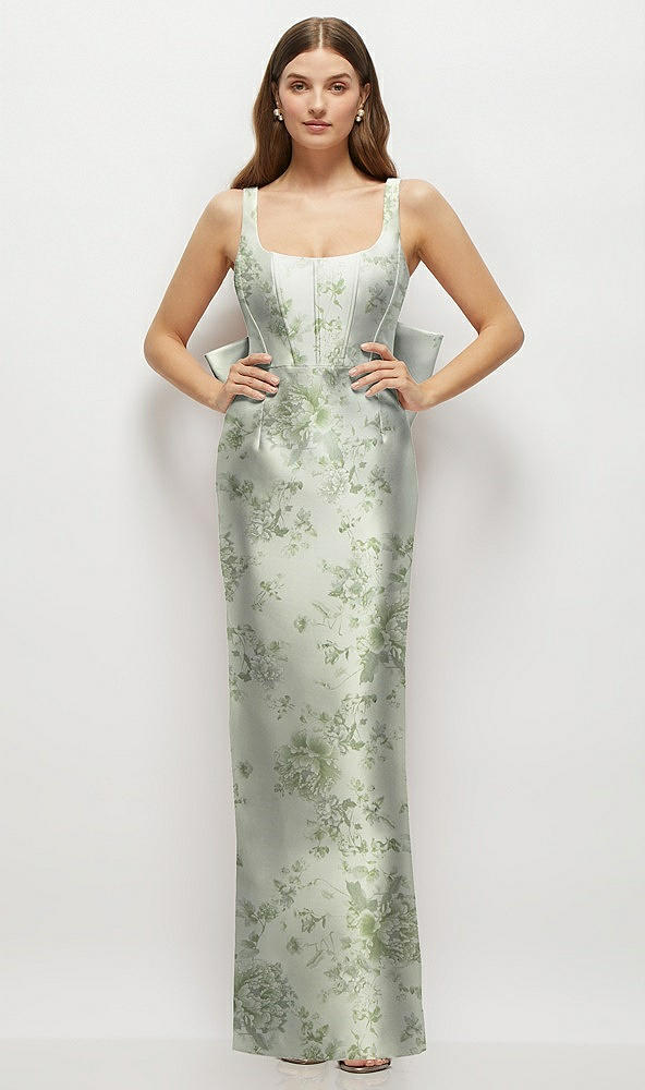 Front View - Sage Cottage Rose Floral Scoop Neck Corset Satin Maxi Dress with Floor-Length Bow Tails