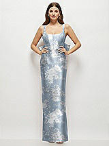 Front View Thumbnail - Porcelain Blue Seraphina Floral Floral Scoop Neck Corset Satin Maxi Dress with Floor-Length Bow Tails