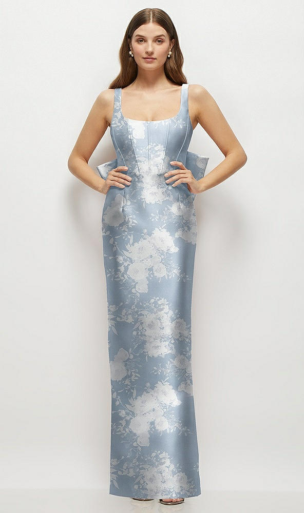 Front View - Porcelain Blue Seraphina Floral Floral Scoop Neck Corset Satin Maxi Dress with Floor-Length Bow Tails