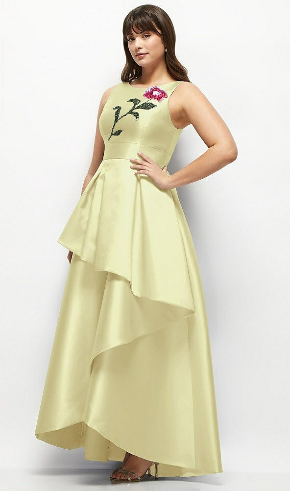 Front View - Butter Yellow Beaded Floral Bodice Satin Maxi Dress with Layered Ballgown Skirt